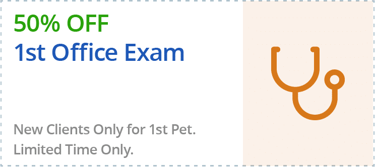 50% off 1st Office Exam. New Clients Only for 1st Pet. Limited Time Only.